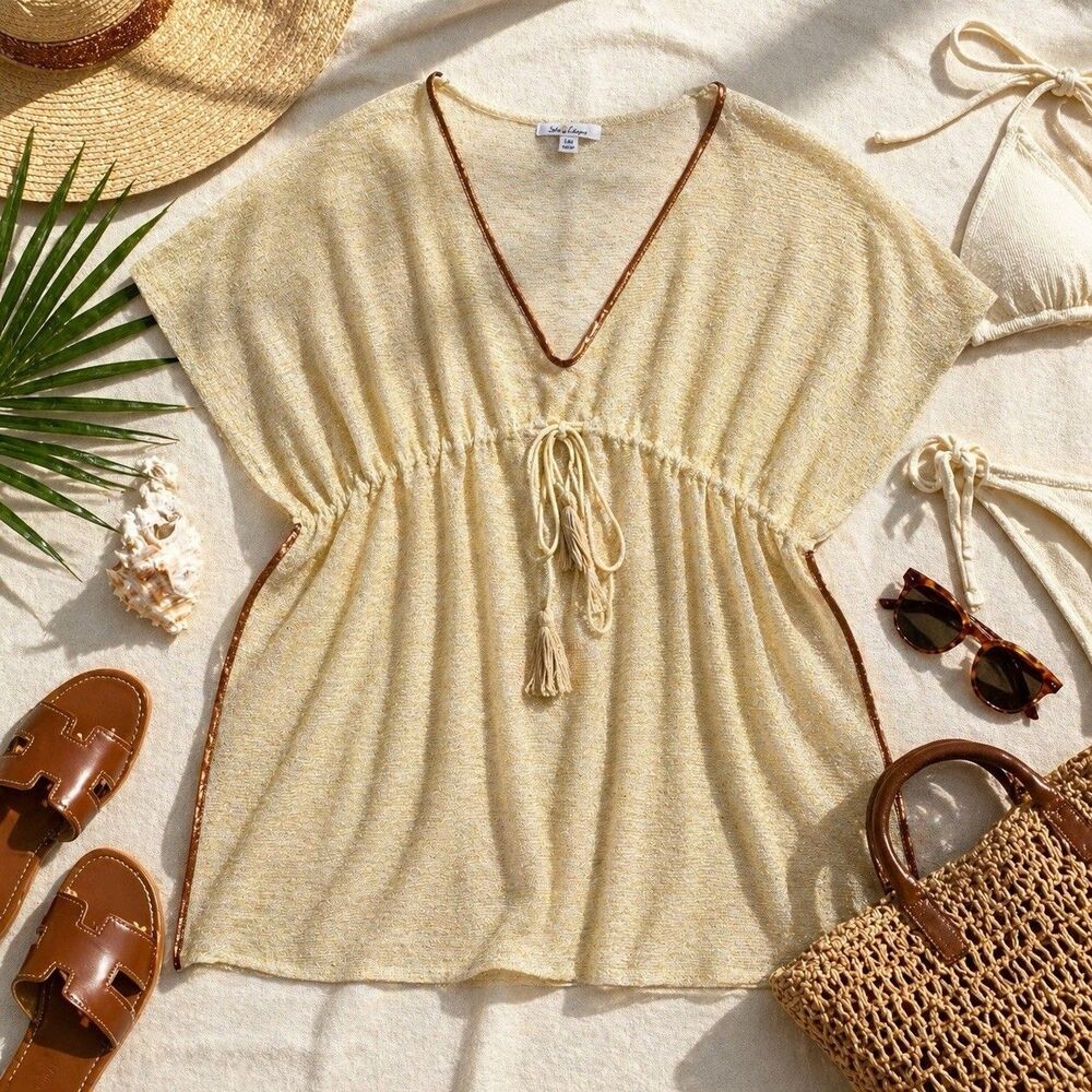 Boho Sheer Beach Cover Up Kaftan Metallic Gold Tie Waist Resort Coastal Chic